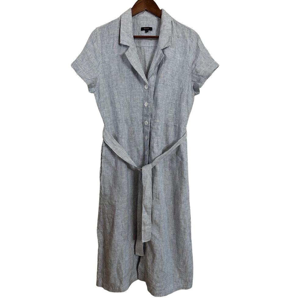 Quince 100% European Linen Button Front Dress in Blue Pinstripe Womans Medium